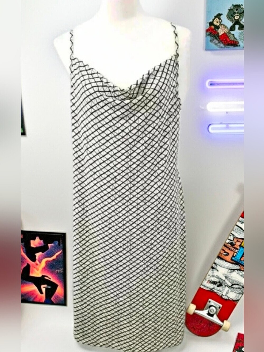 Mossimo Black and White Grid-Print Cowl Neck Midi Slip Dress